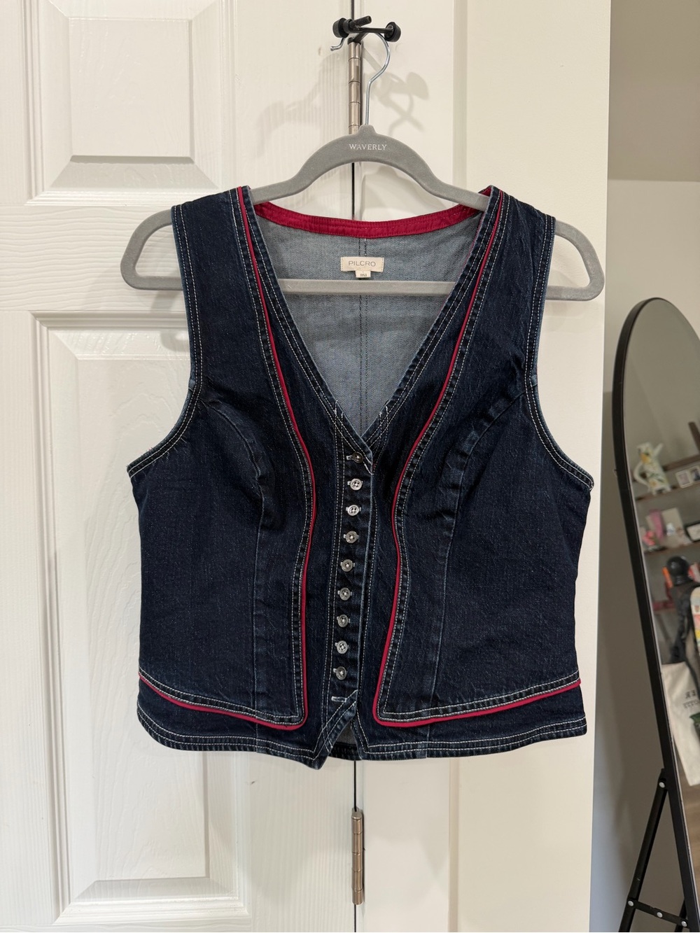 Pilcro Dark Indigo Denim Vest with Red Trim
